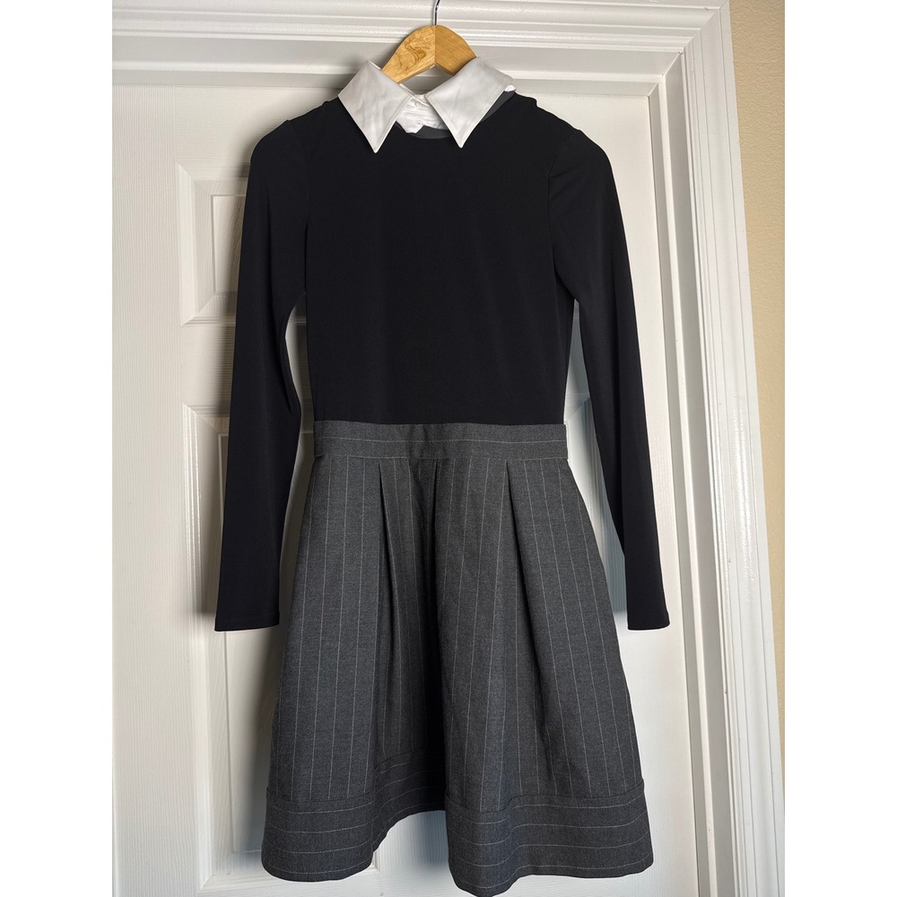 Alice + Olivia Classics Dress Womens 4 Black Grey Pinstripe Pleated Collared